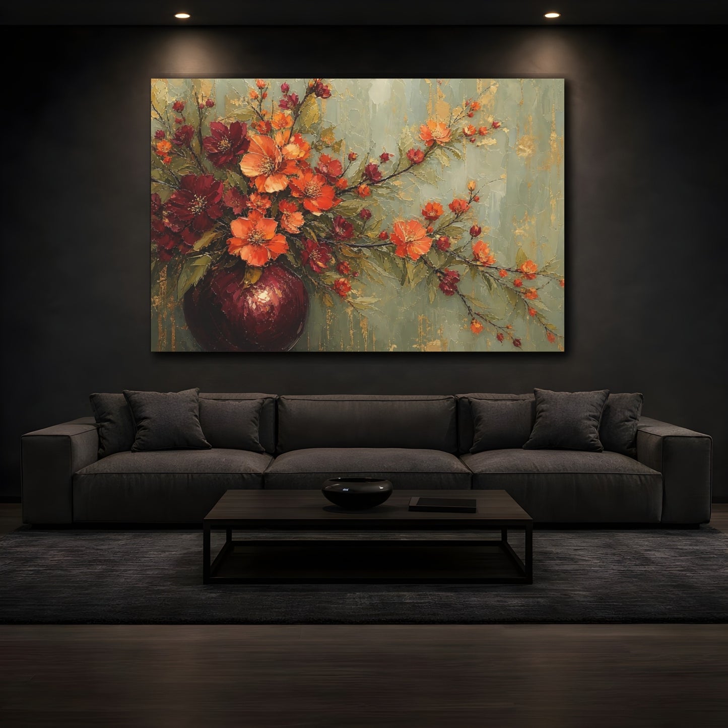 Mockup 3. Floral Floral Arrangement Orange Red Floral shown as stretched canvas wall art