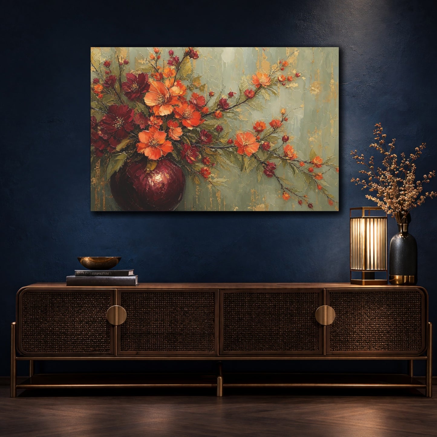 Mockup 4. Floral Floral Arrangement Orange Red Floral shown as stretched canvas wall art