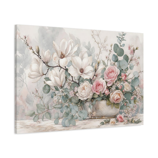 Main Mockup. Floral Floral Arrangement Pastel Pink Green shown as stretched canvas wall art