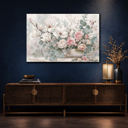 Mockup 4. Floral Floral Arrangement Pastel Pink Green shown as stretched canvas wall art