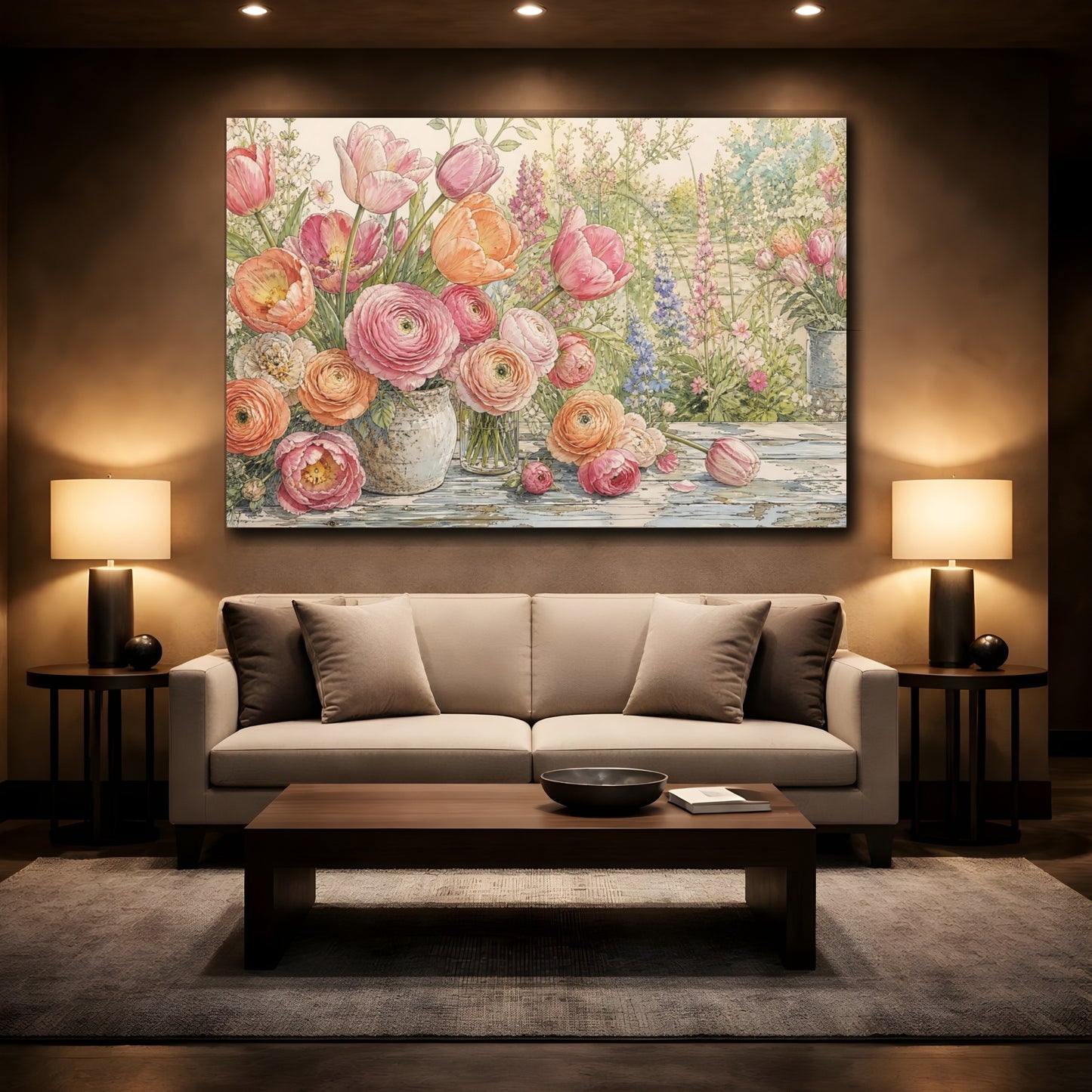 Mockup 2. Floral Floral Arrangement Pink And Orange Floral shown as stretched canvas wall art