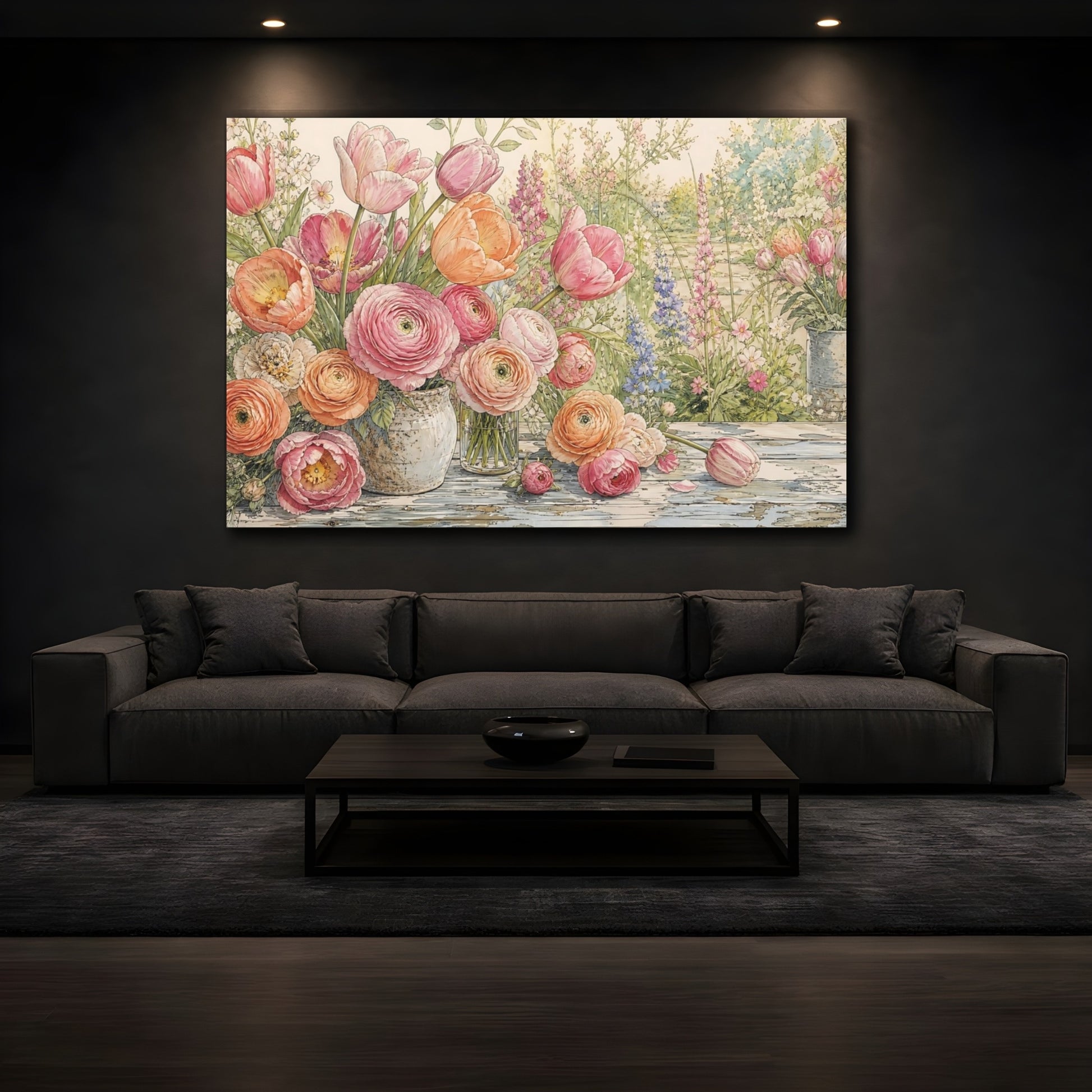 Mockup 3. Floral Floral Arrangement Pink And Orange Floral shown as stretched canvas wall art