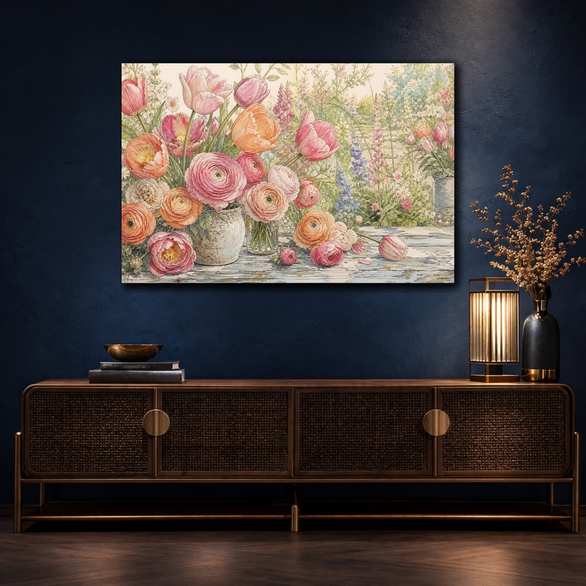 Mockup 4. Floral Floral Arrangement Pink And Orange Floral shown as stretched canvas wall art