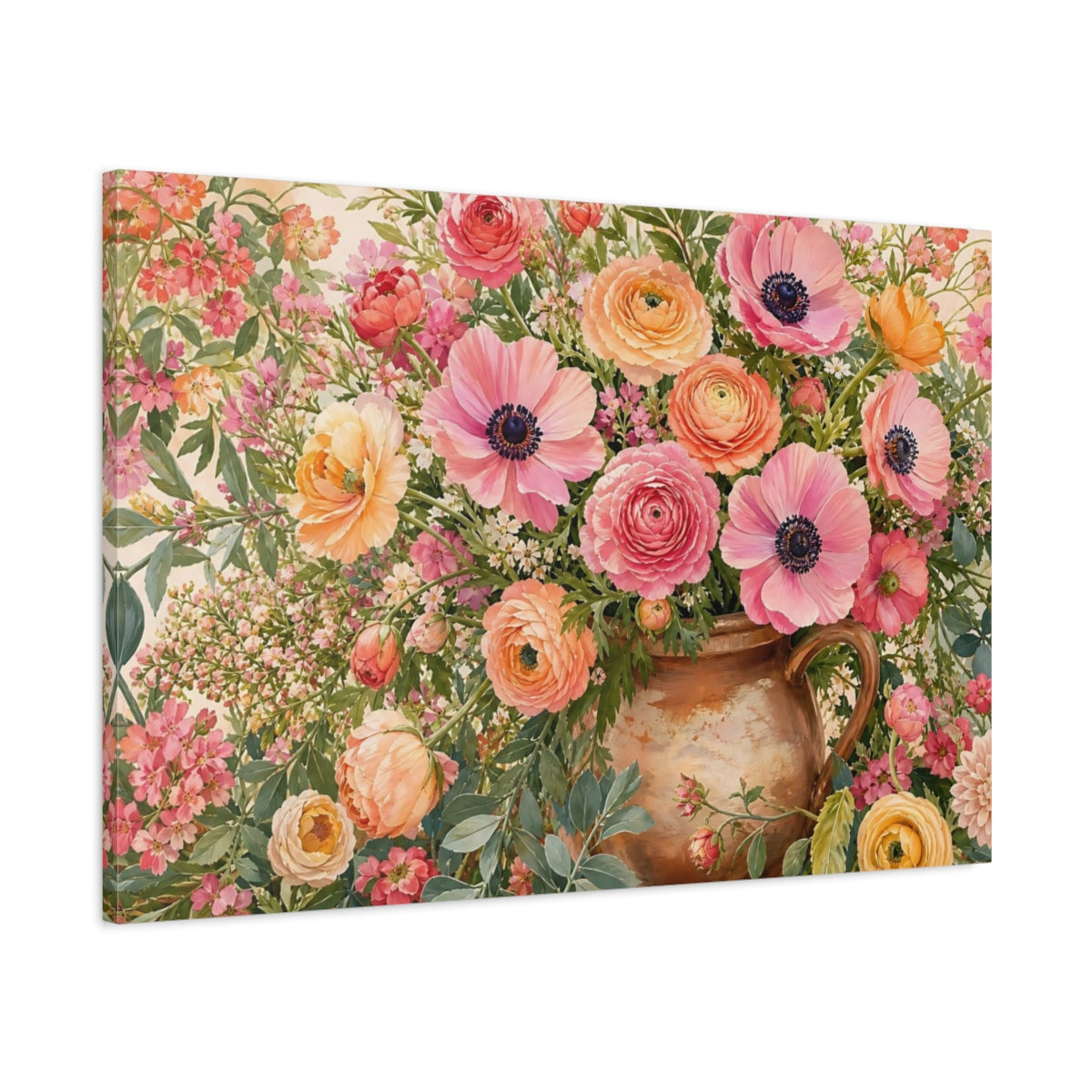Main Mockup. Floral Floral Arrangement Pink Orange Floral shown as stretched canvas wall art
