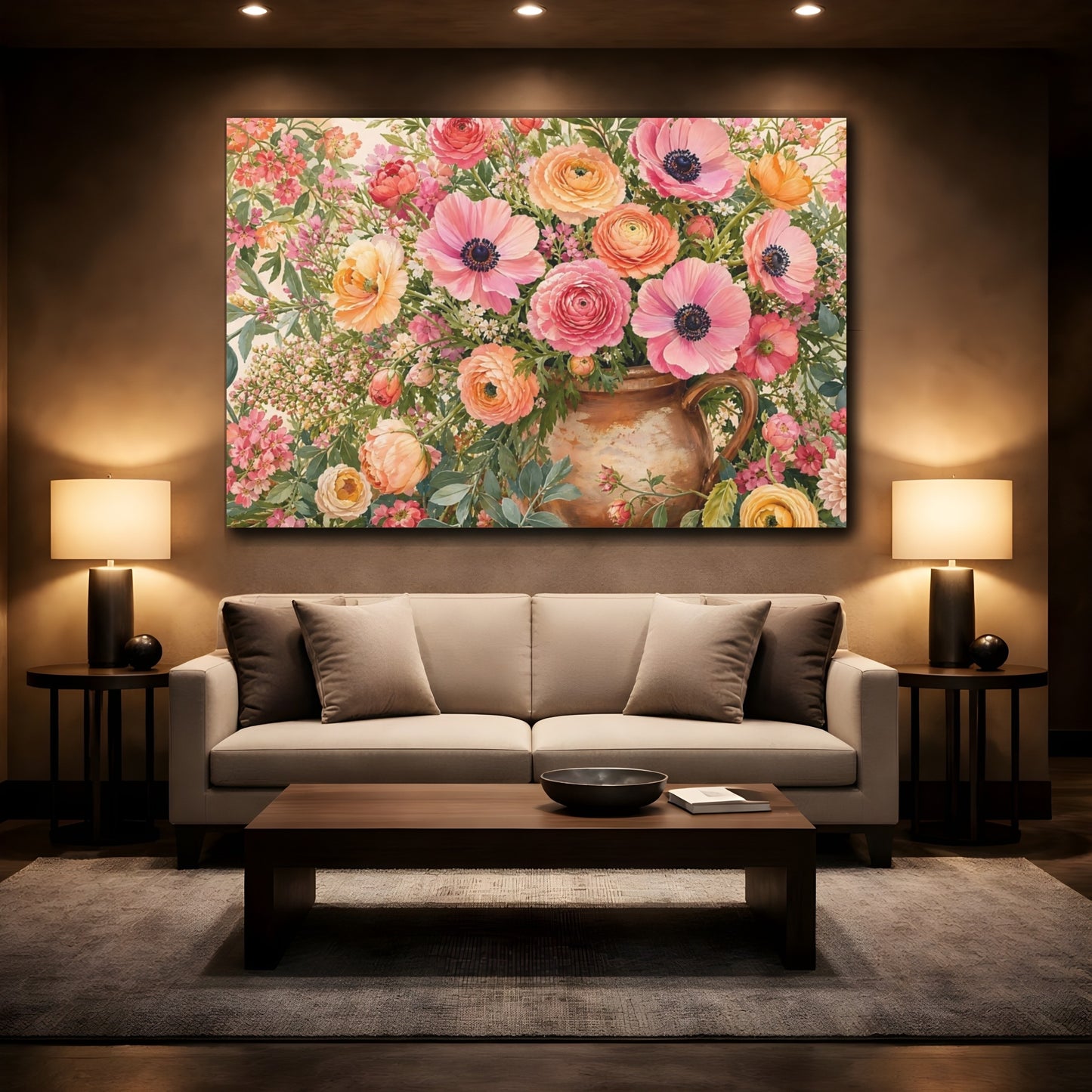 Mockup 2. Floral Floral Arrangement Pink Orange Floral shown as stretched canvas wall art