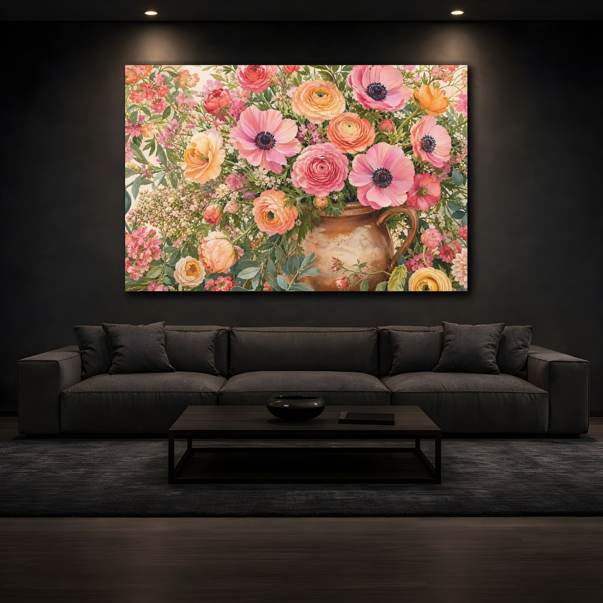 Mockup 3. Floral Floral Arrangement Pink Orange Floral shown as stretched canvas wall art