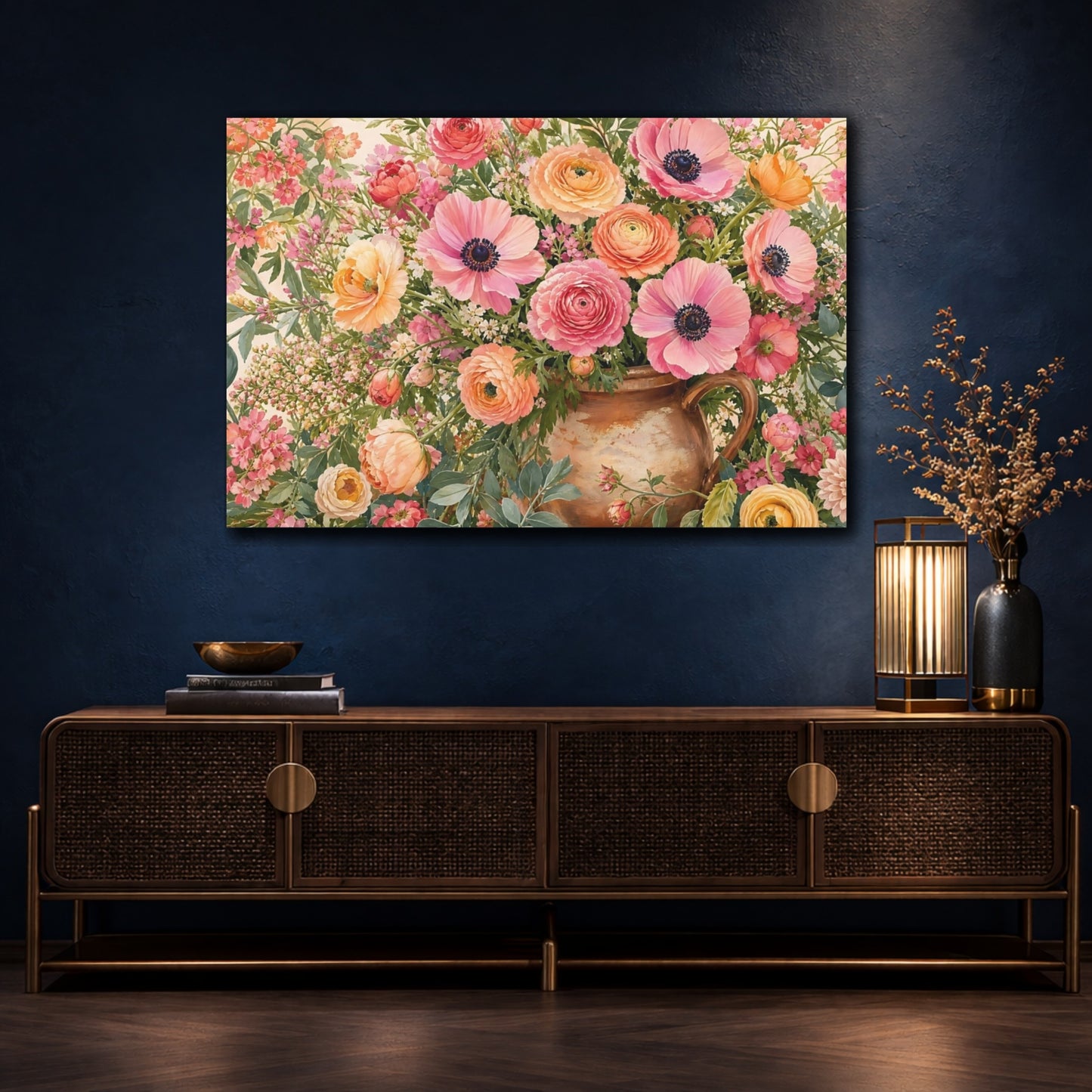 Mockup 4. Floral Floral Arrangement Pink Orange Floral shown as stretched canvas wall art