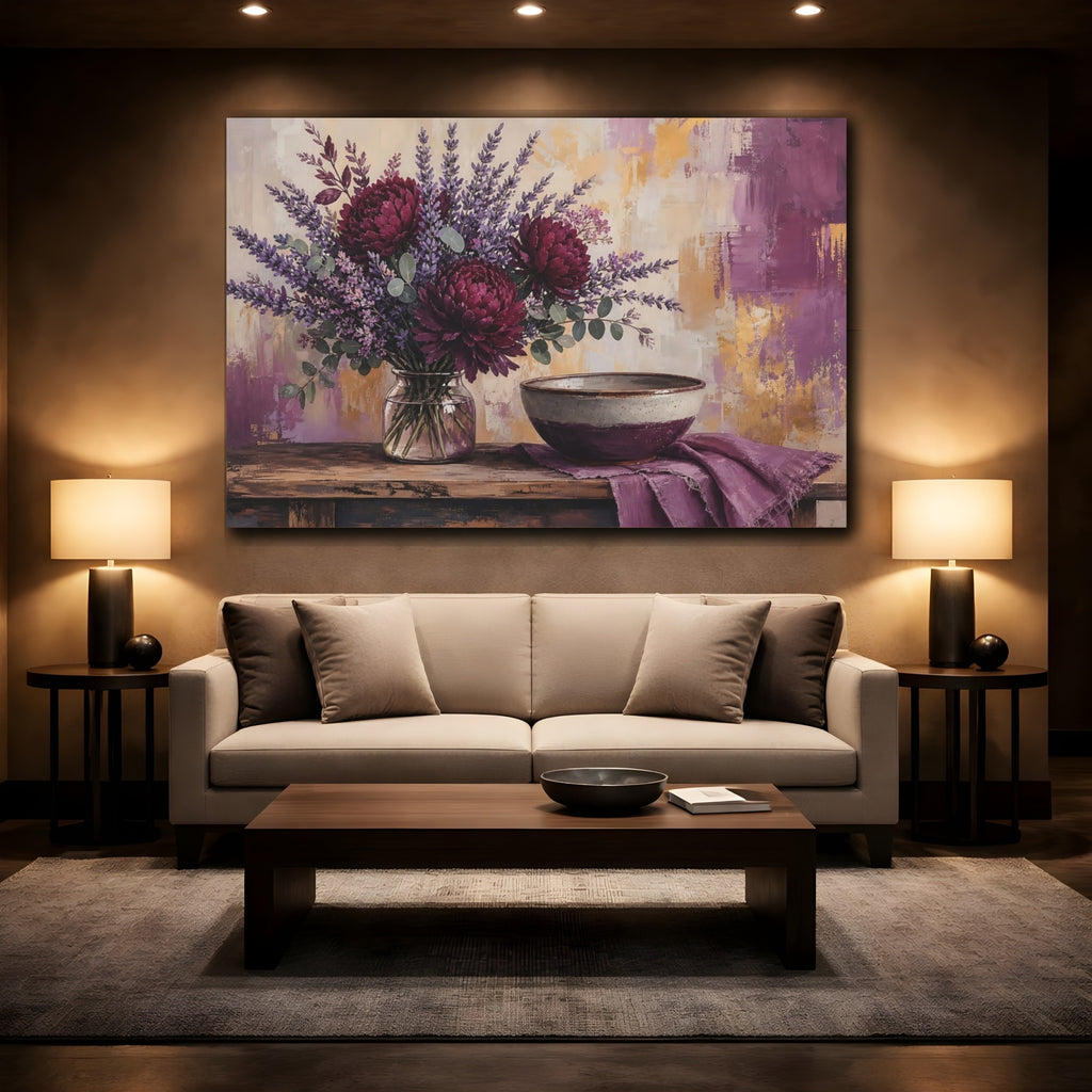 Mockup 2. Floral Floral Arrangement Purple & Gold shown as stretched canvas wall art