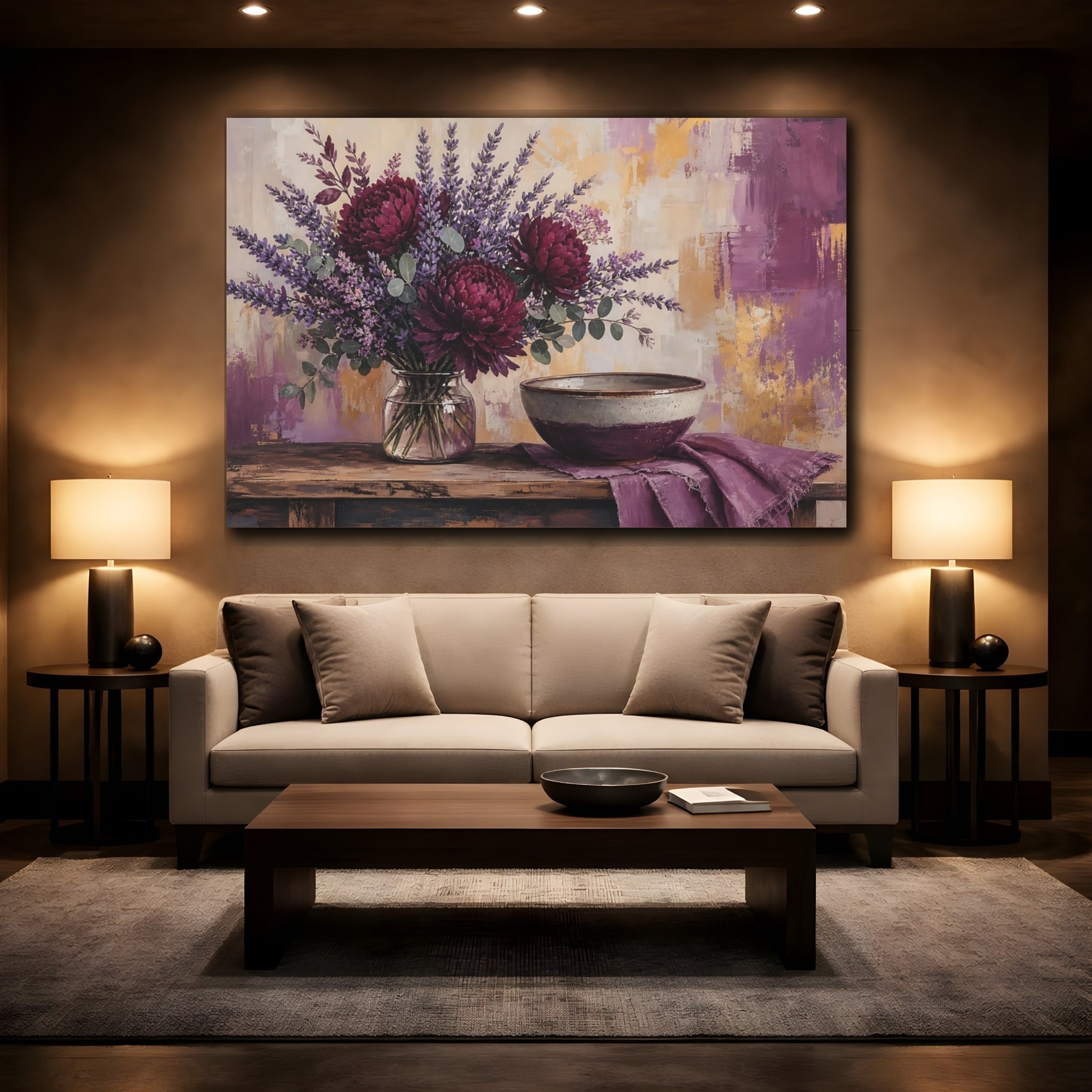 Mockup 2. Floral Floral Arrangement Purple & Gold shown as stretched canvas wall art
