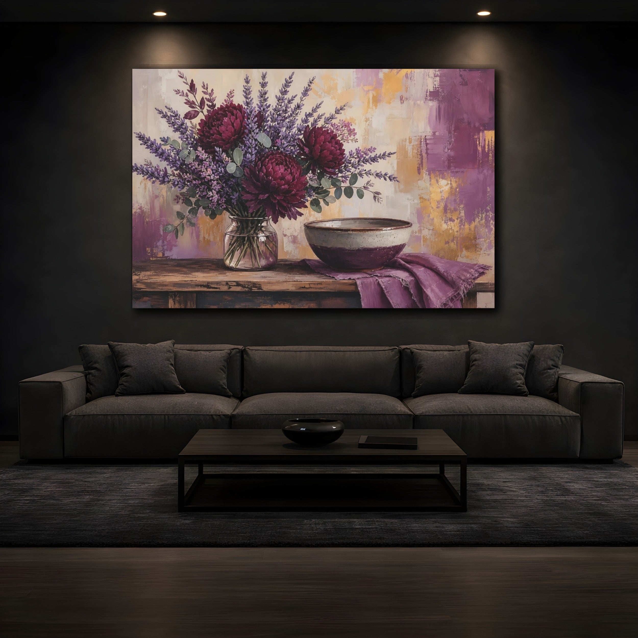 Mockup 3. Floral Floral Arrangement Purple & Gold shown as stretched canvas wall art