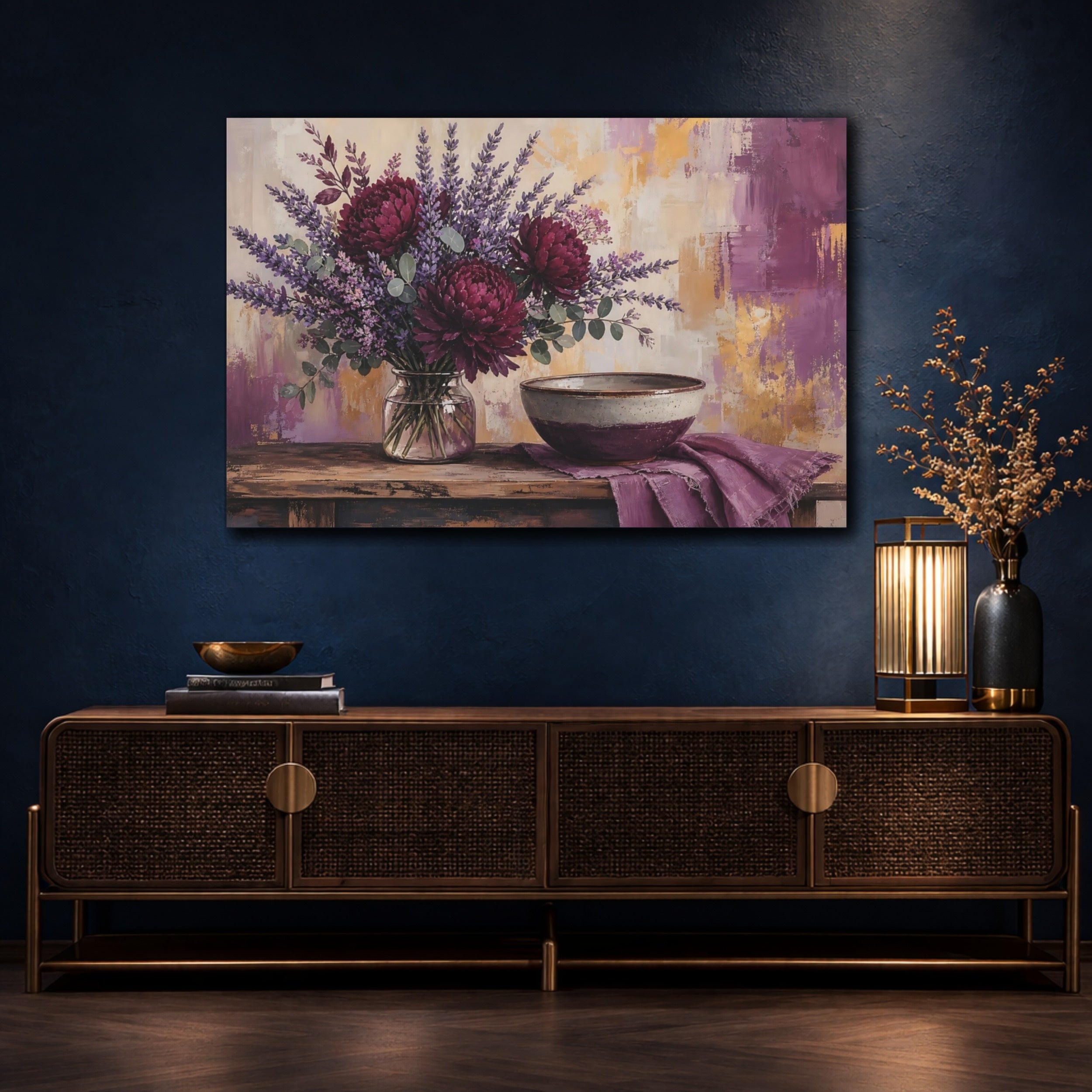 Mockup 4. Floral Floral Arrangement Purple & Gold shown as stretched canvas wall art
