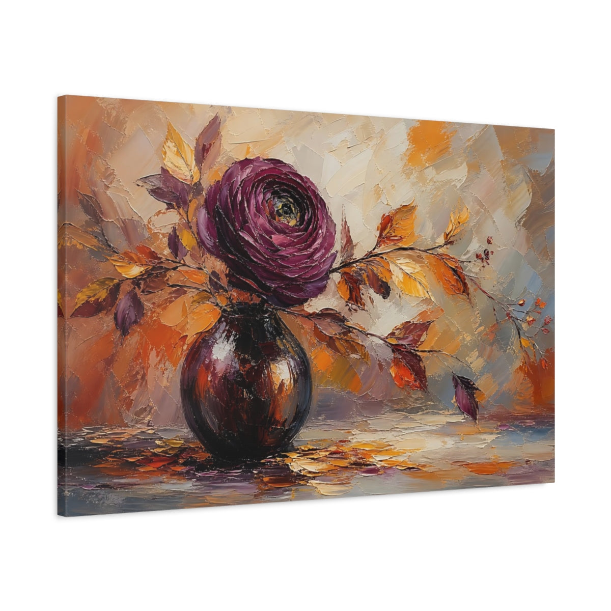 Main Mockup. Floral Floral Arrangement Purple Orange Floral shown as stretched canvas wall art