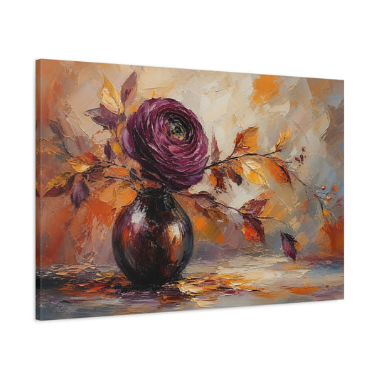 Main Mockup. Floral Floral Arrangement Purple Orange Floral shown as stretched canvas wall art