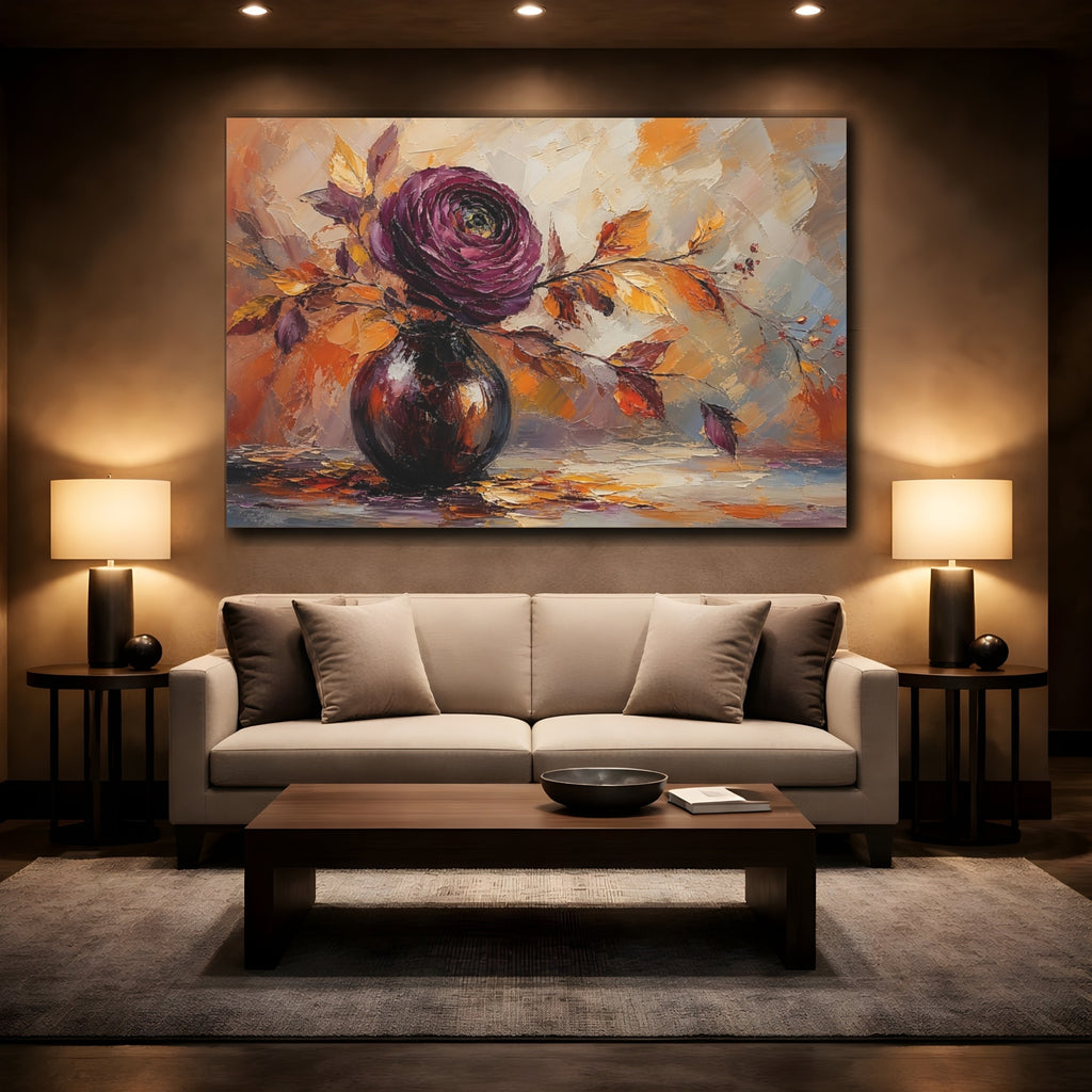 Mockup 2. Floral Floral Arrangement Purple Orange Floral shown as stretched canvas wall art