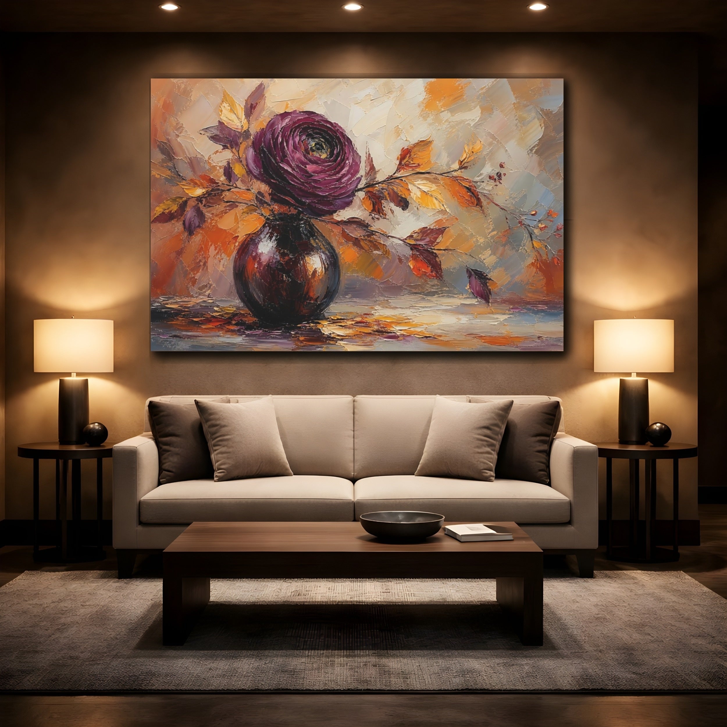 Mockup 2. Floral Floral Arrangement Purple Orange Floral shown as stretched canvas wall art