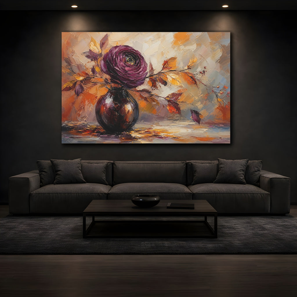 Mockup 3. Floral Floral Arrangement Purple Orange Floral shown as stretched canvas wall art
