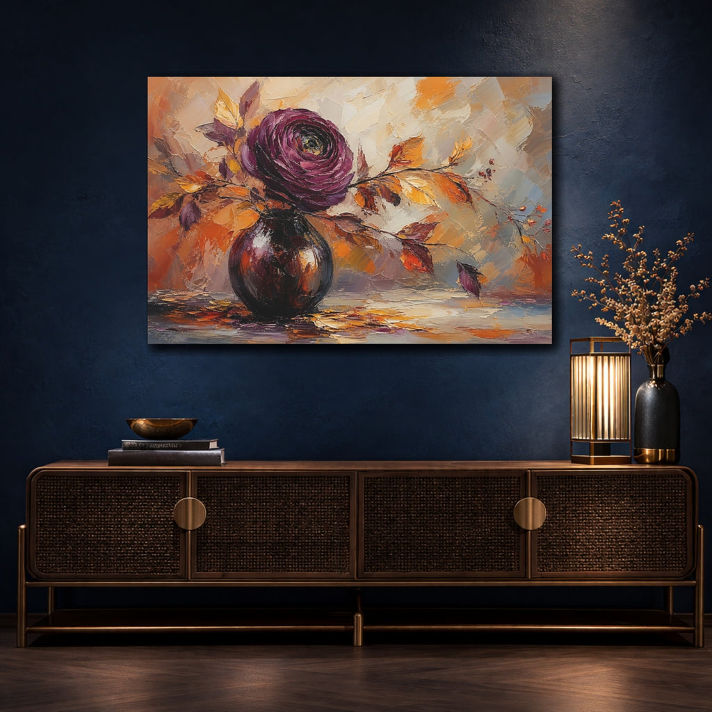 Mockup 4. Floral Floral Arrangement Purple Orange Floral shown as stretched canvas wall art
