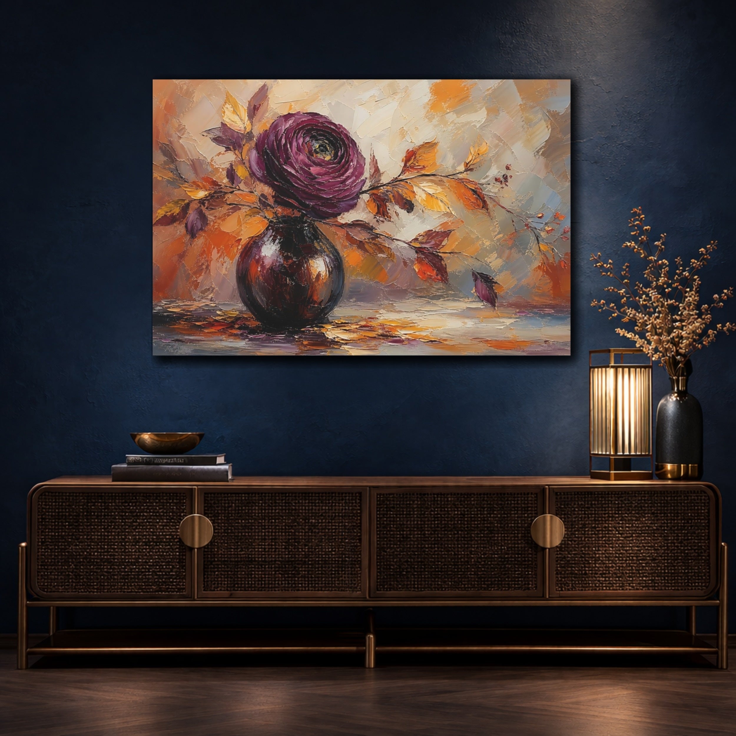 Mockup 4. Floral Floral Arrangement Purple Orange Floral shown as stretched canvas wall art