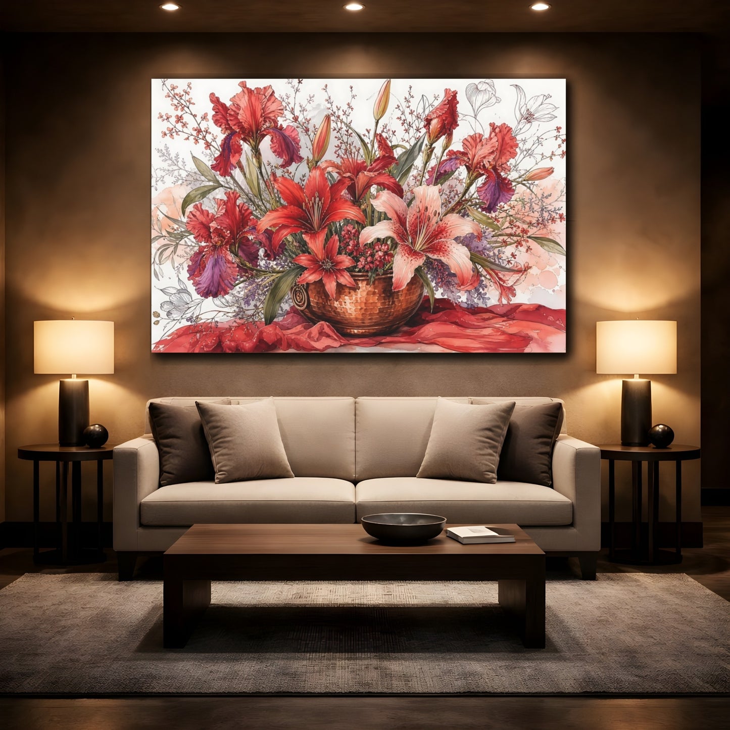 Mockup 2. Floral Floral Arrangement Red Floral Arrangement shown as stretched canvas wall art
