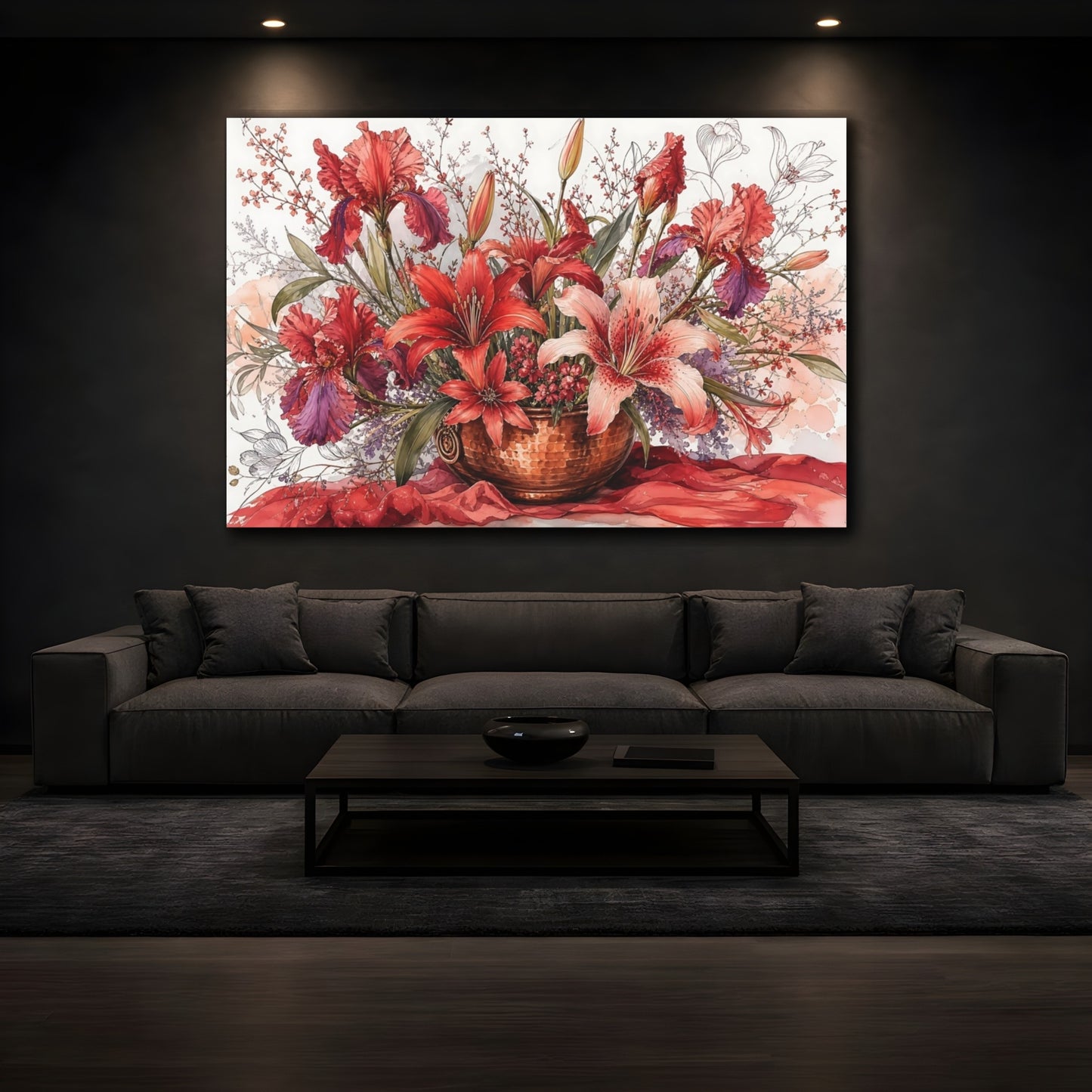 Mockup 3. Floral Floral Arrangement Red Floral Arrangement shown as stretched canvas wall art