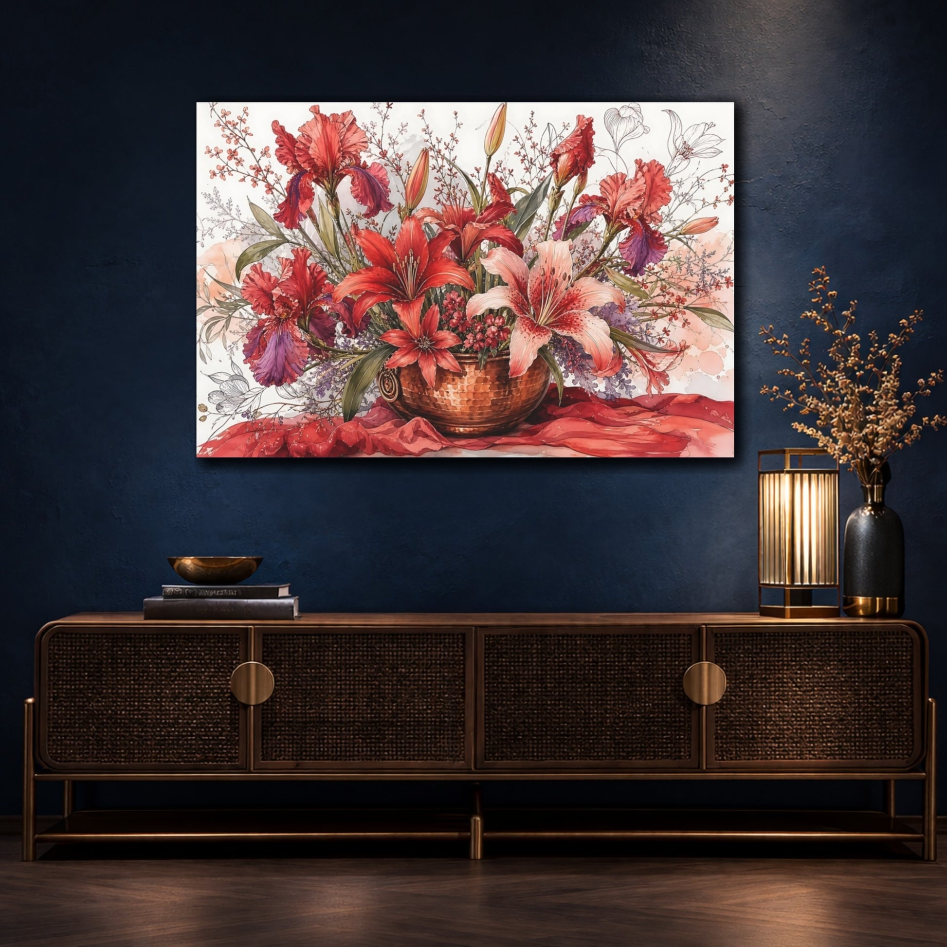 Mockup 4. Floral Floral Arrangement Red Floral Arrangement shown as stretched canvas wall art