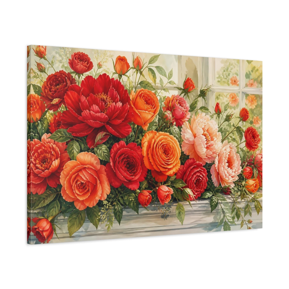 Main Mockup. Floral Floral Arrangement Red Orange Floral shown as stretched canvas wall art