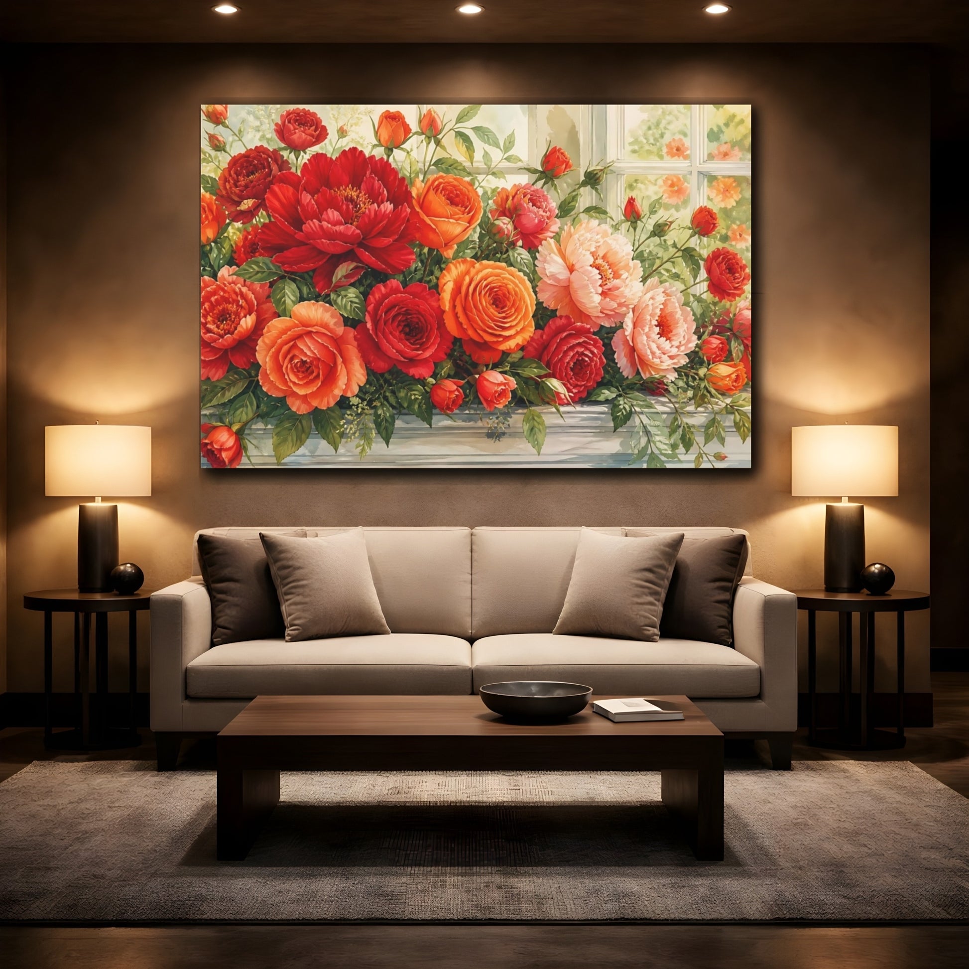 Mockup 2. Floral Floral Arrangement Red Orange Floral shown as stretched canvas wall art
