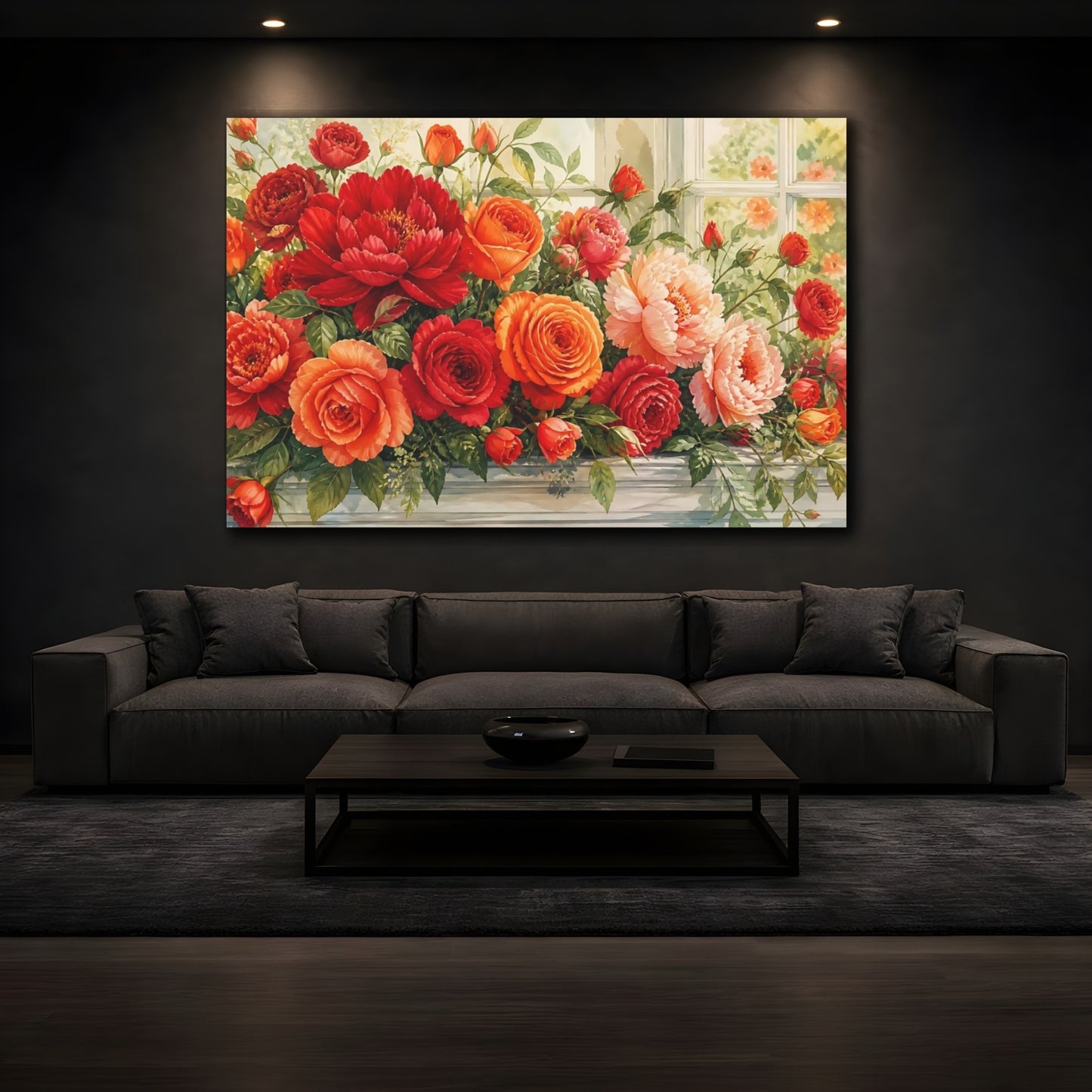 Mockup 3. Floral Floral Arrangement Red Orange Floral shown as stretched canvas wall art