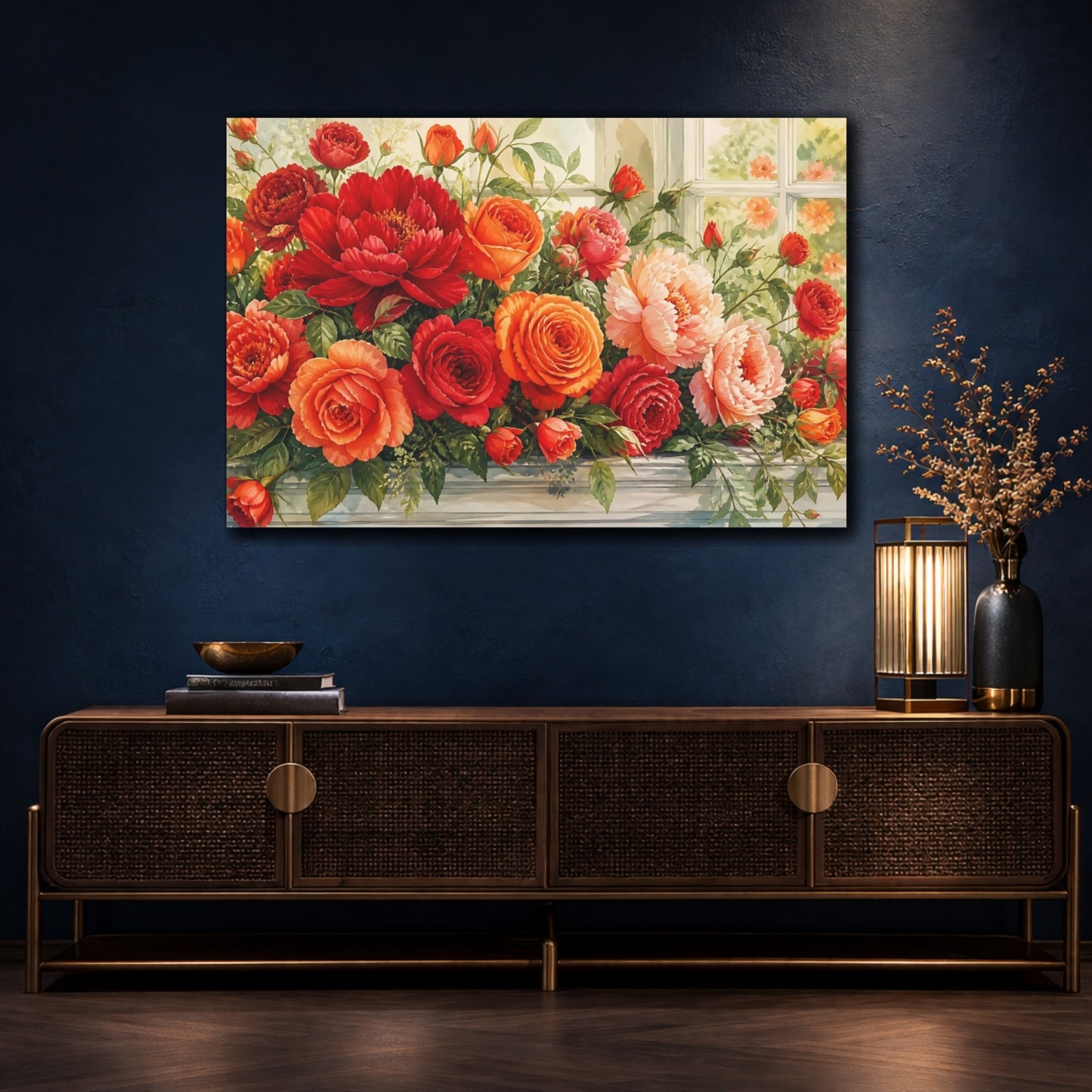 Mockup 4. Floral Floral Arrangement Red Orange Floral shown as stretched canvas wall art