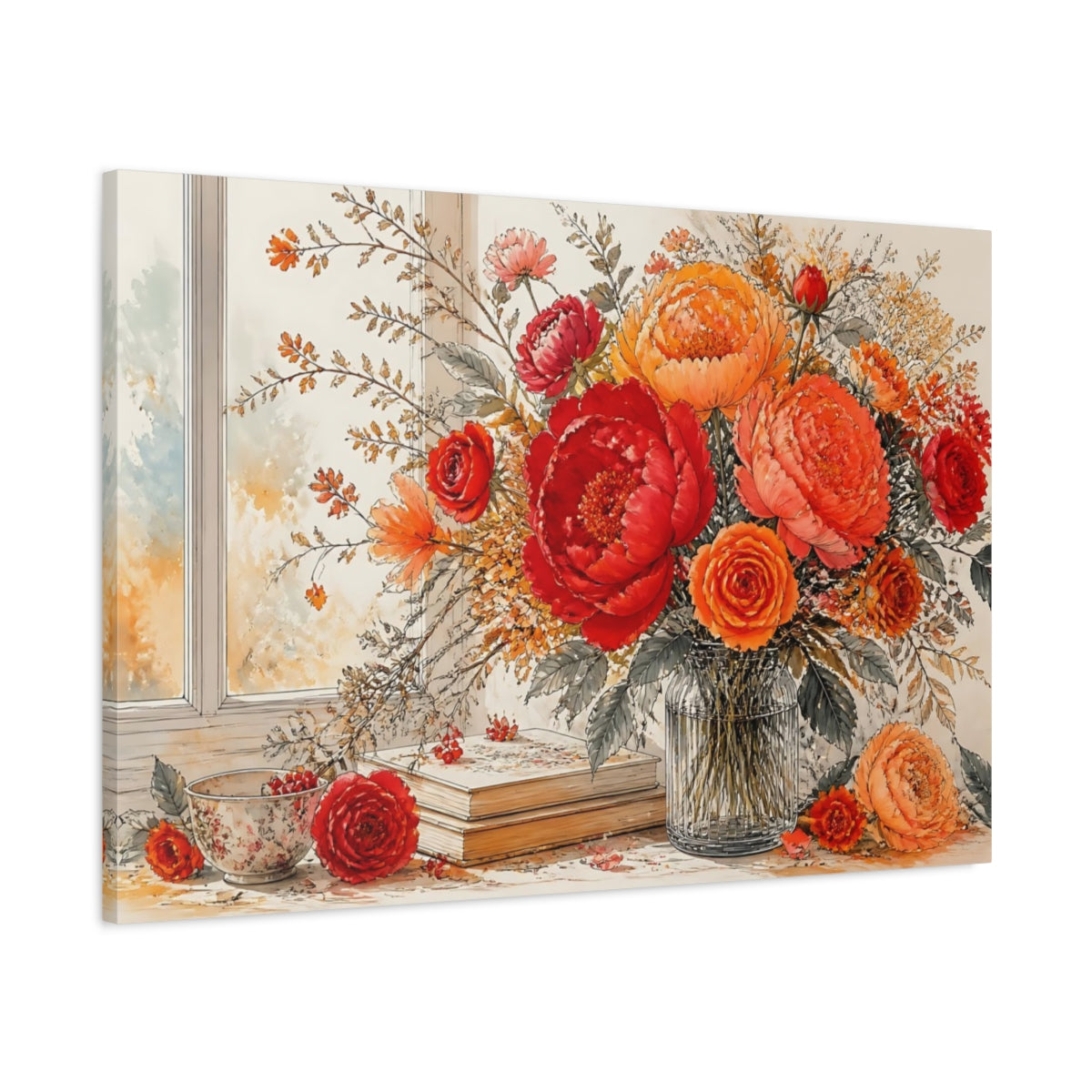 Main Mockup. Floral Floral Arrangement Red Orange Flowers shown as stretched canvas wall art