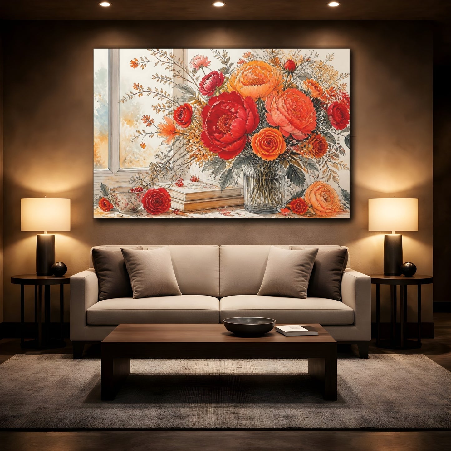 Mockup 2. Floral Floral Arrangement Red Orange Flowers shown as stretched canvas wall art