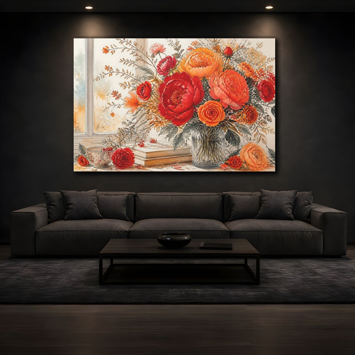 Mockup 3. Floral Floral Arrangement Red Orange Flowers shown as stretched canvas wall art