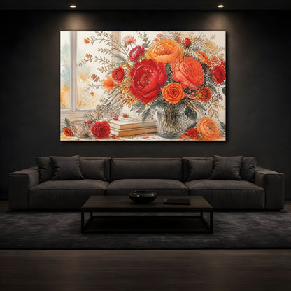 Mockup 3. Floral Floral Arrangement Red Orange Flowers shown as stretched canvas wall art