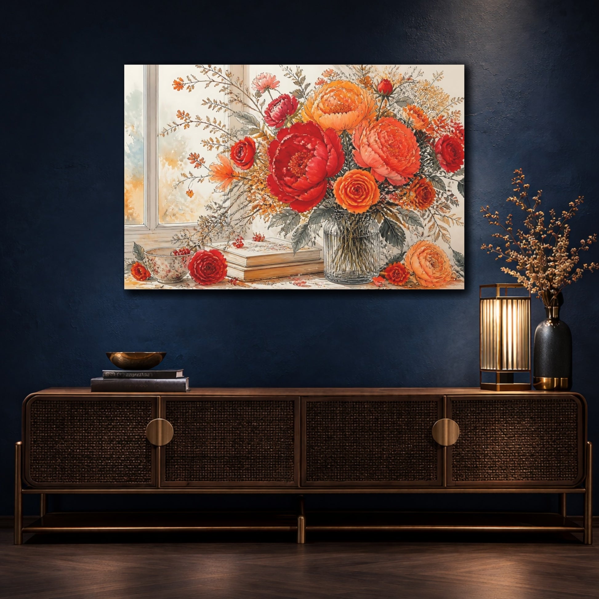 Mockup 4. Floral Floral Arrangement Red Orange Flowers shown as stretched canvas wall art