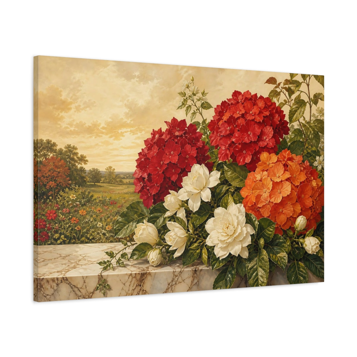 Main Mockup. Floral Floral Arrangement Vibrant Floral Still Life shown as stretched canvas wall art