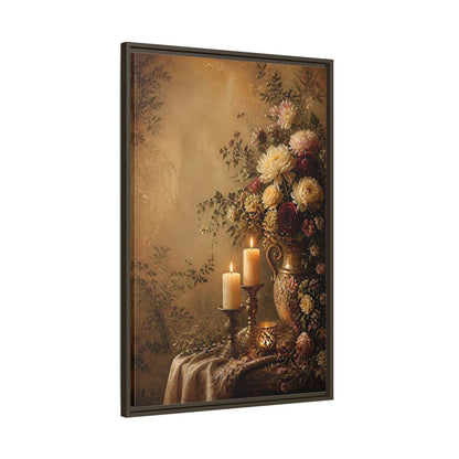Floral Arrangement Warm Gold Framed Canvas Wall Art - Vintage Living Room, Above Fireplace shown as canvas wall art