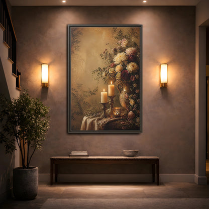 Floral Arrangement Warm Gold Framed Canvas Wall Art - Vintage Living Room, Above Fireplace shown as canvas wall art