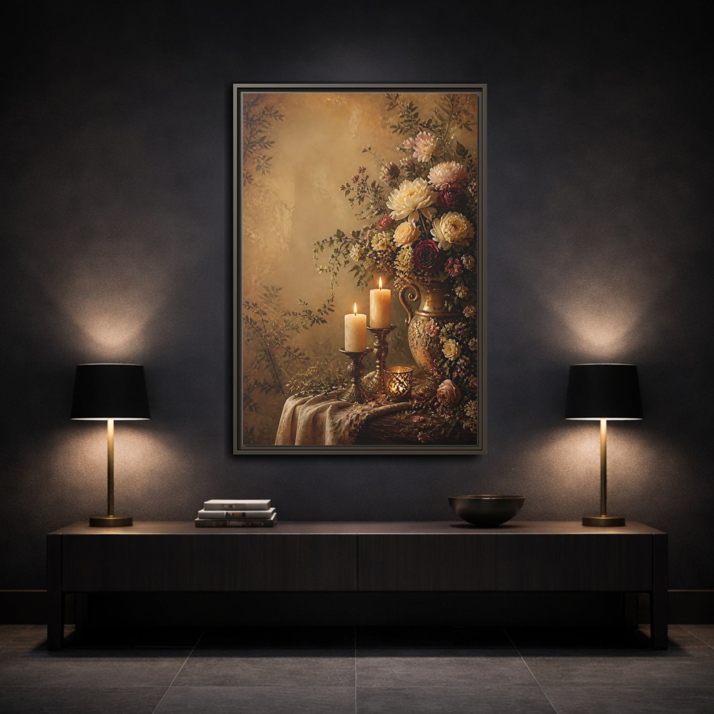 Floral Arrangement Warm Gold Framed Canvas Wall Art - Vintage Living Room, Above Fireplace shown as canvas wall art