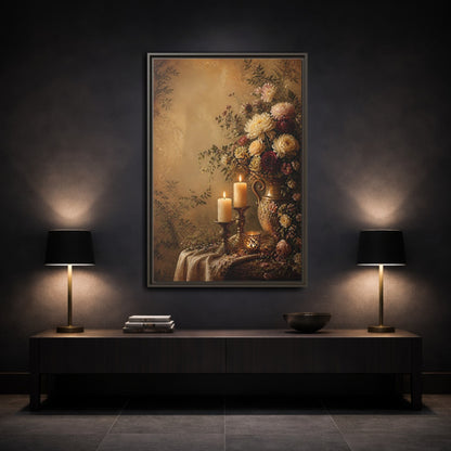 Floral Arrangement Warm Gold Framed Canvas Wall Art - Vintage Living Room, Above Fireplace shown as canvas wall art