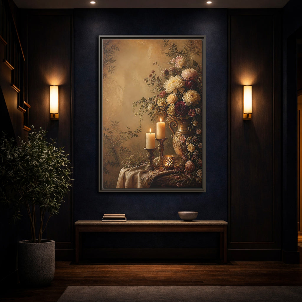 Mockup 4. Floral Floral Arrangement Warm Gold Floral shown as stretched canvas wall art