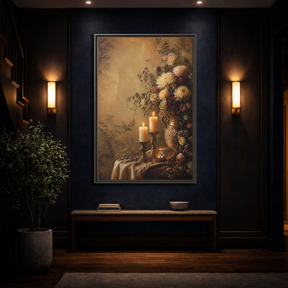 Floral Arrangement Warm Gold Framed Canvas Wall Art - Vintage Living Room, Above Fireplace shown as canvas wall art