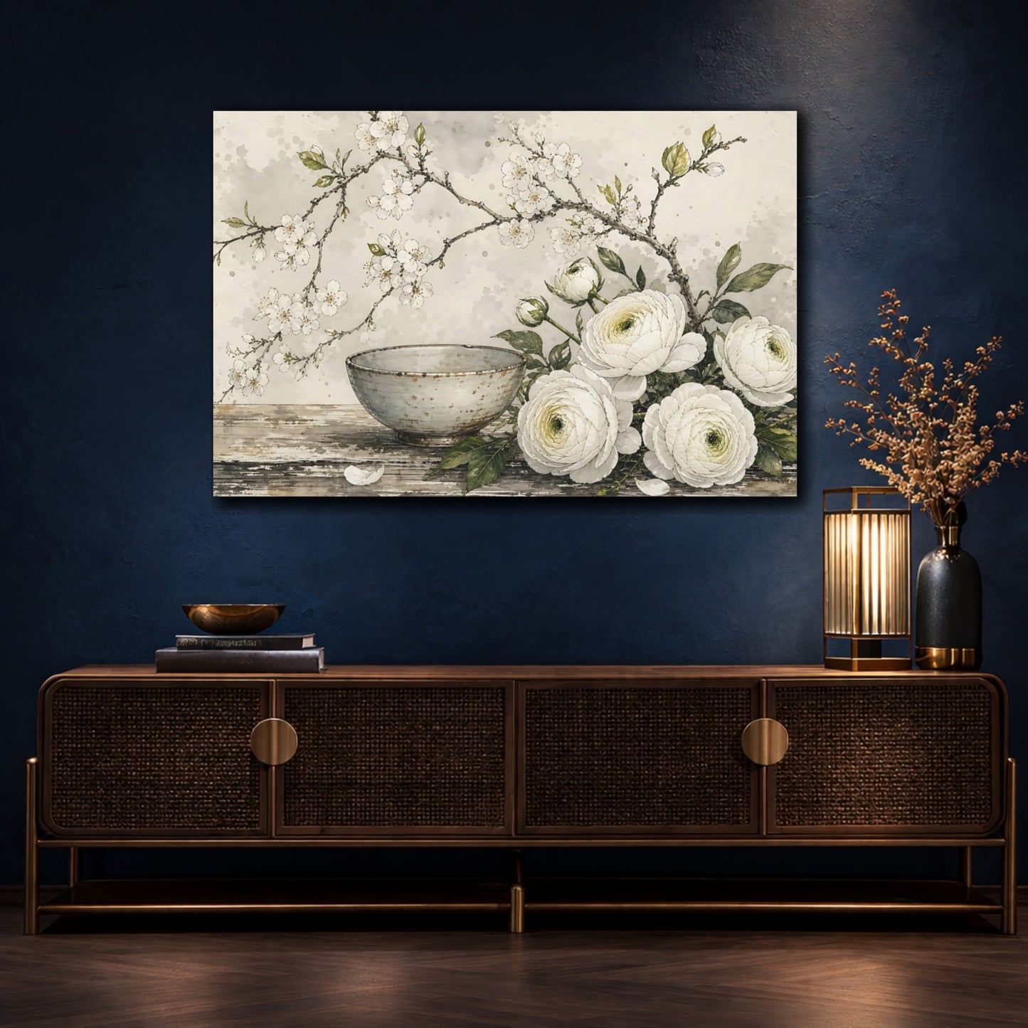 Mockup 4. Floral Floral Arrangement White Floral Decor shown as stretched canvas wall art