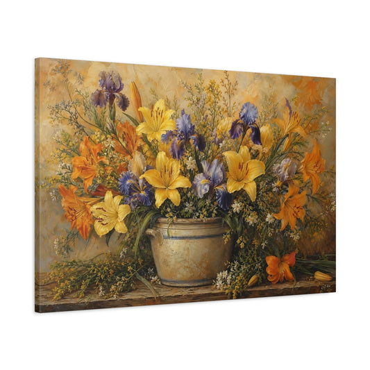 Main Mockup. Floral Floral Arrangement Yellow And Purple Flowers shown as stretched canvas wall art