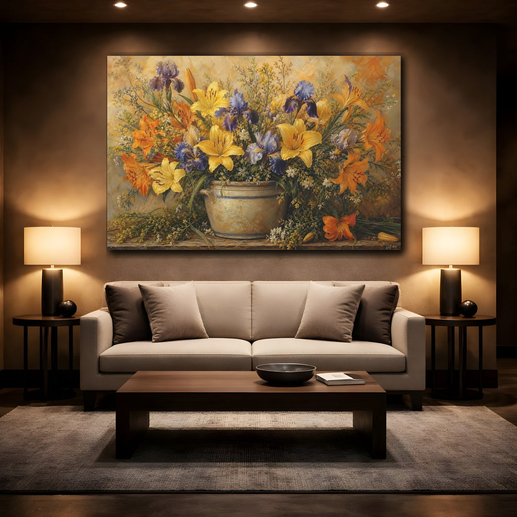 Mockup 2. Floral Floral Arrangement Yellow And Purple Flowers shown as stretched canvas wall art