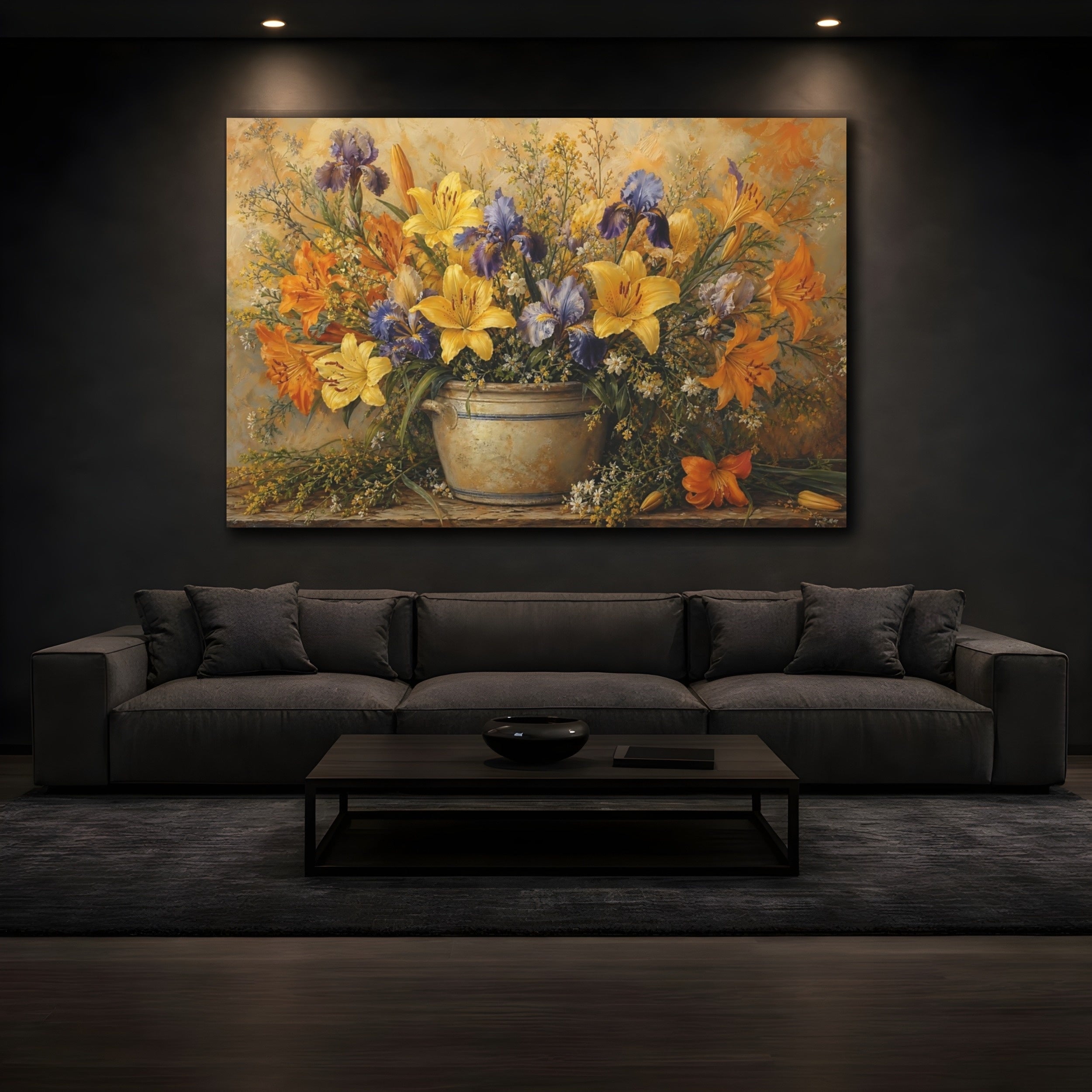 Mockup 3. Floral Floral Arrangement Yellow And Purple Flowers shown as stretched canvas wall art