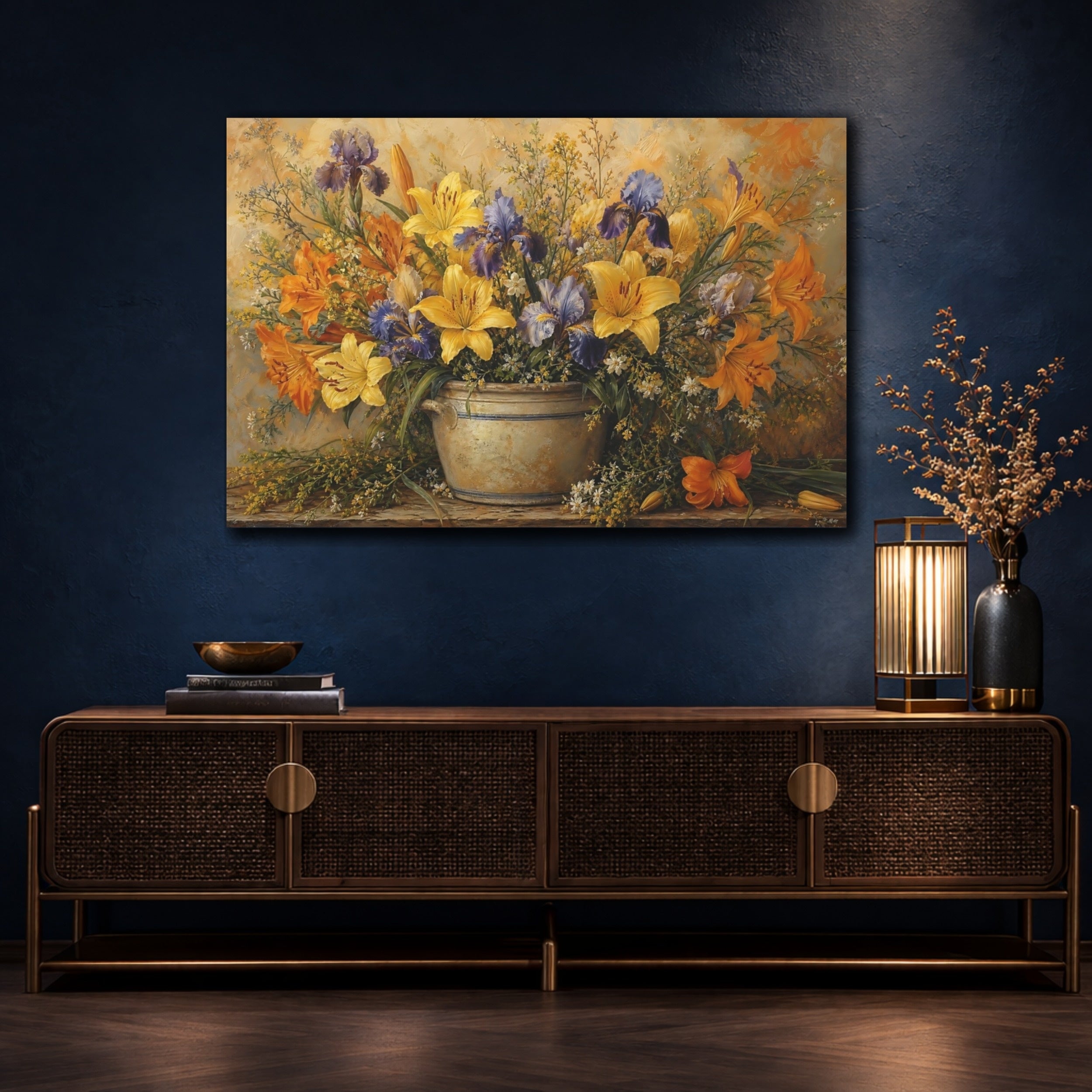 Mockup 4. Floral Floral Arrangement Yellow And Purple Flowers shown as stretched canvas wall art