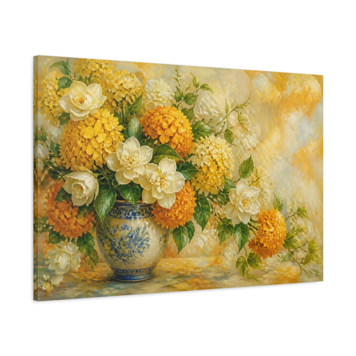 Main Mockup. Floral Floral Arrangement Yellow Orange Floral shown as stretched canvas wall art