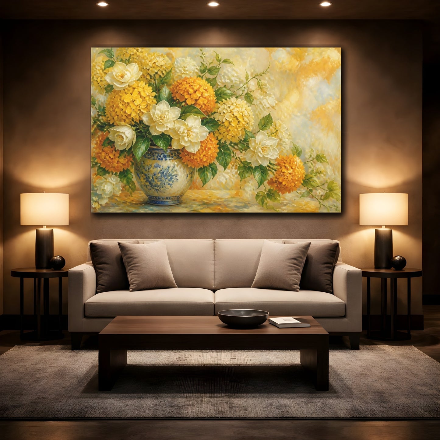 Mockup 2. Floral Floral Arrangement Yellow Orange Floral shown as stretched canvas wall art
