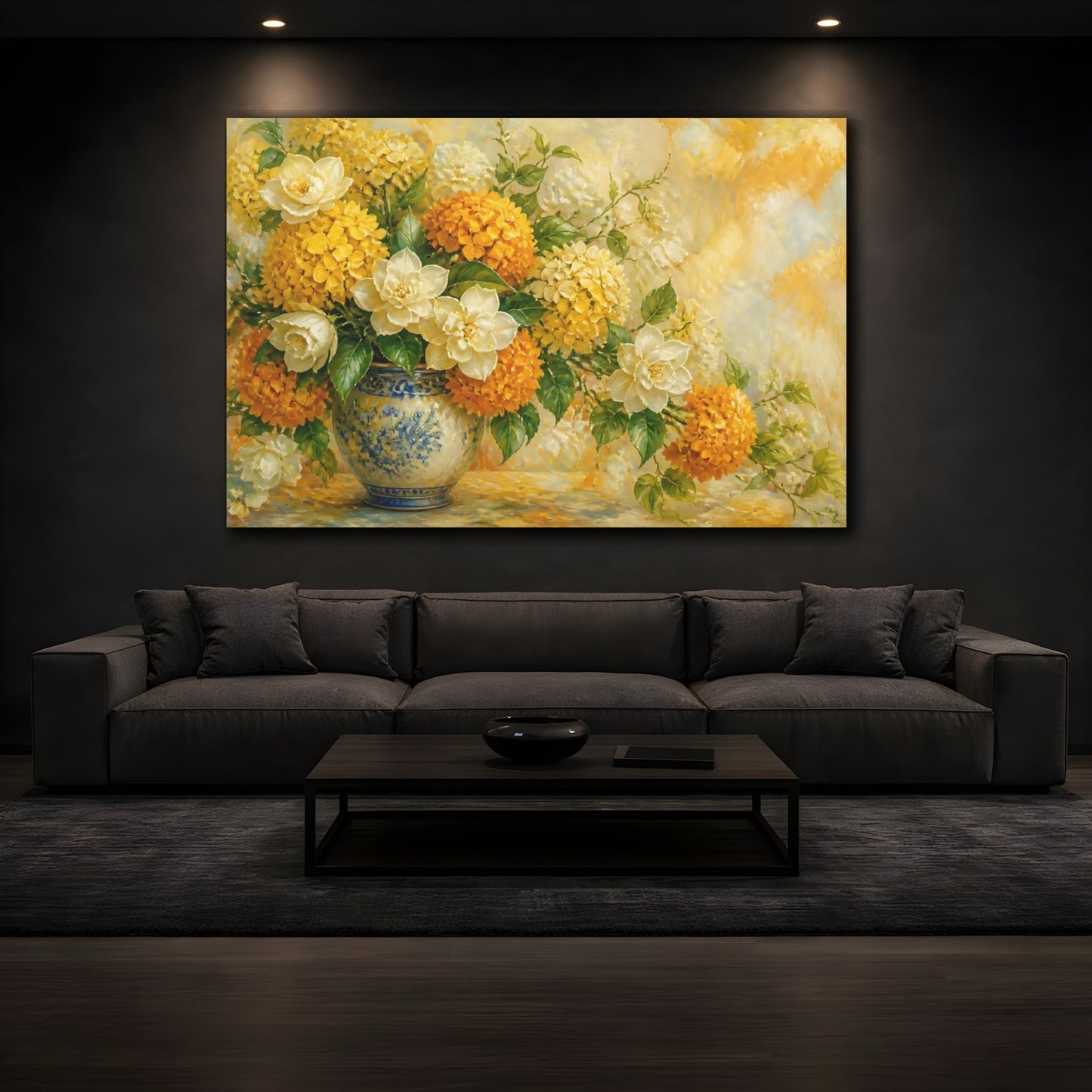 Mockup 3. Floral Floral Arrangement Yellow Orange Floral shown as stretched canvas wall art