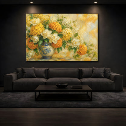 Mockup 3. Floral Floral Arrangement Yellow Orange Floral shown as stretched canvas wall art